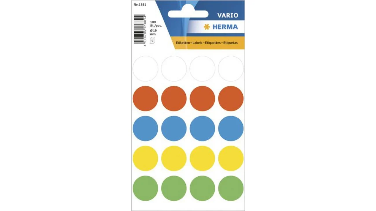 Markeringspunten in diverse kleuren, ø19mm, 500 stuks, verpakt op een kaart met 20 rijen stickers.