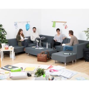Flexeo Neo Set 5-dlg in grijs, biedt flexibele zithoek voor samenwerking in onderwijs- en kantineomgevingen.