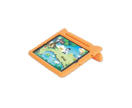 Oranje KidsCover voor iPad 10,2 met stylus, biedt bescherming en ondersteuning voor kinderen tijdens gebruik.
