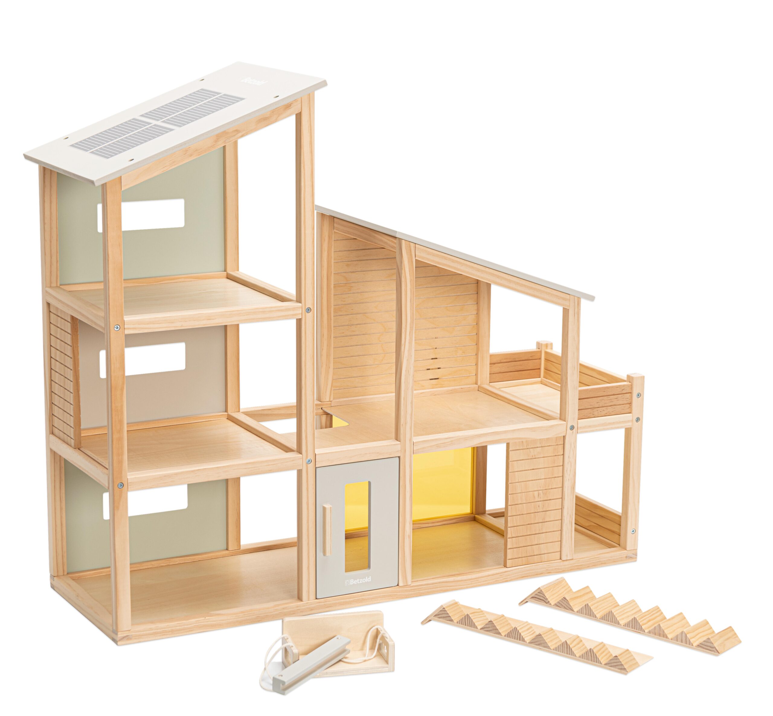 Drie verdiepingen tellend poppenhuis van hout met open ruimtes en accessoires, ideaal voor creatief spel.