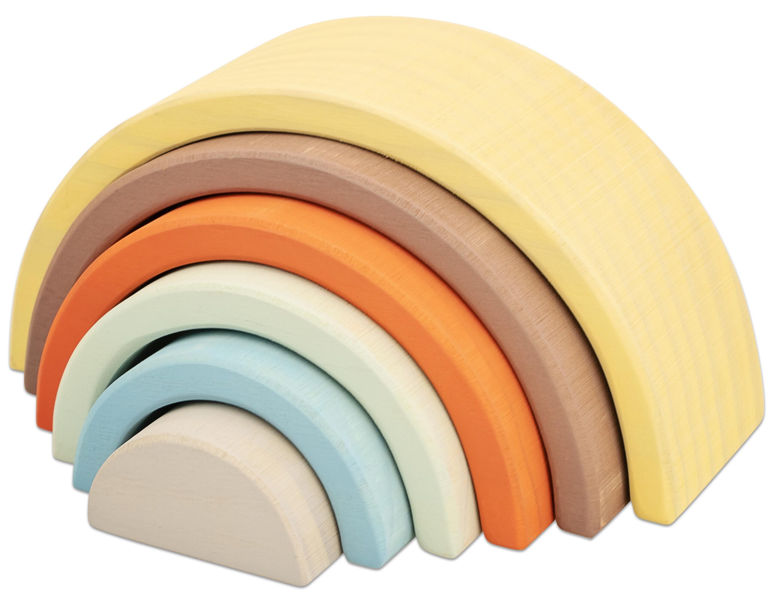 Kleine pastel regenboog in zachte kleuren, bestaande uit vijf houten bogen, perfect voor spel en decoratie.