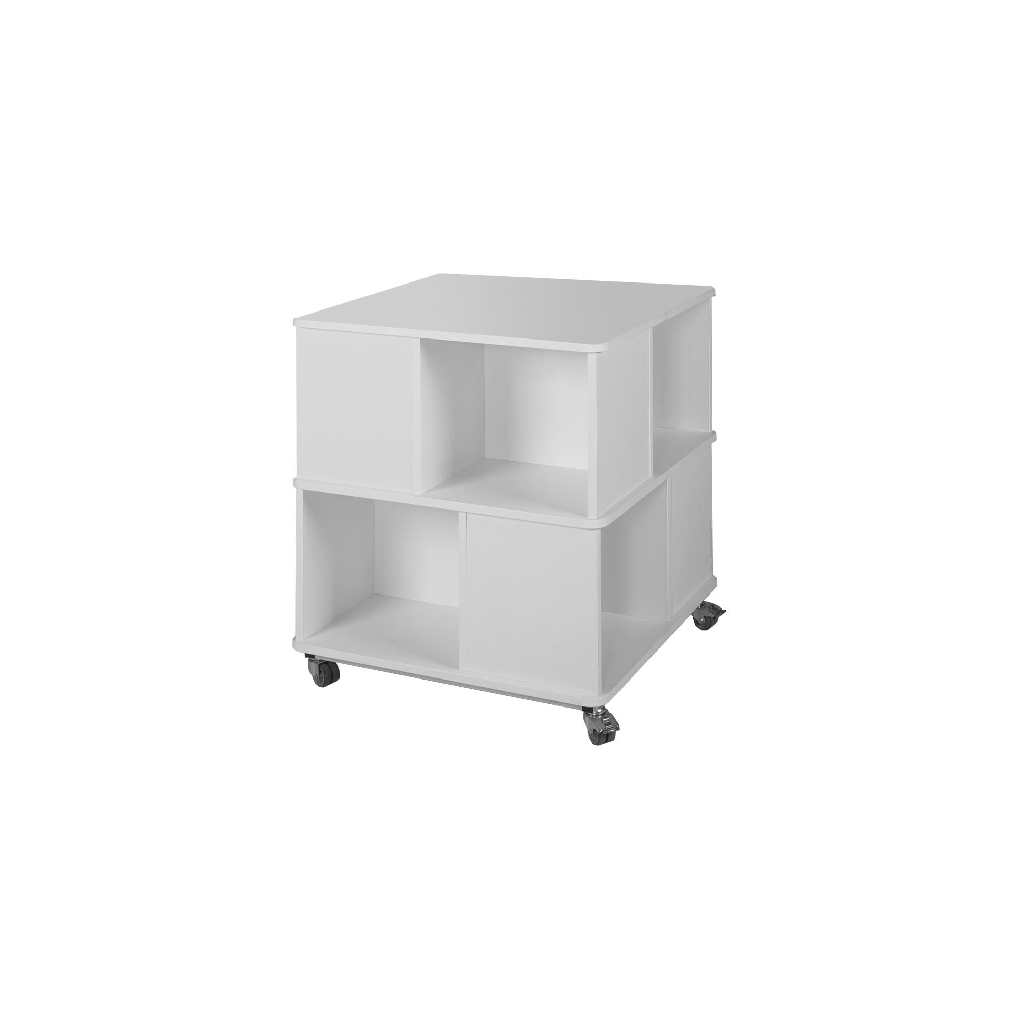 Monochrome boekentoren met twee open vakken en wielen, ideaal voor boeken en decoratie, in een strakke witte afwerking.
