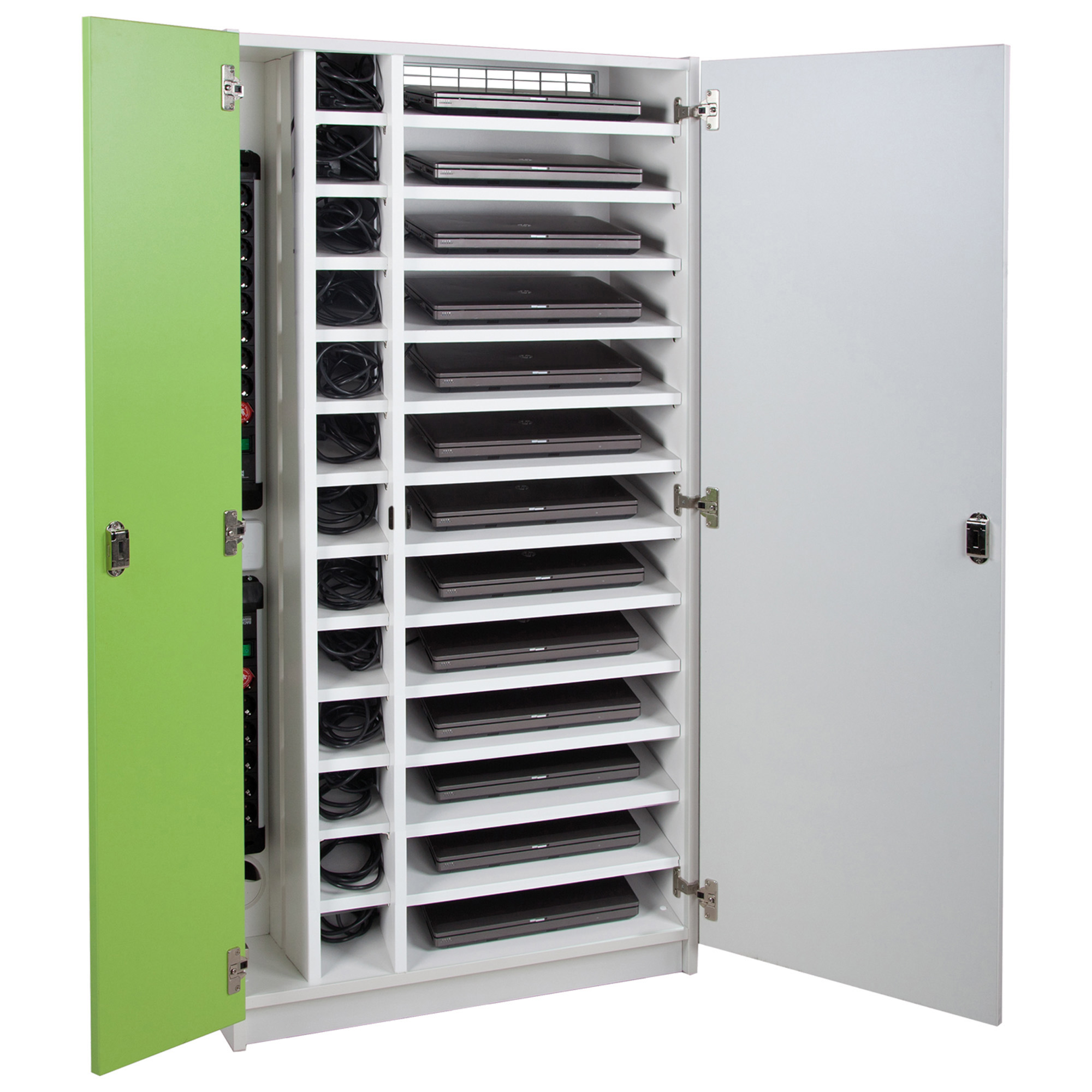 Laptop kast met groene en witte deuren, 16 vakken voor laptops en kabels, ideaal voor veilig opbergen en opladen.