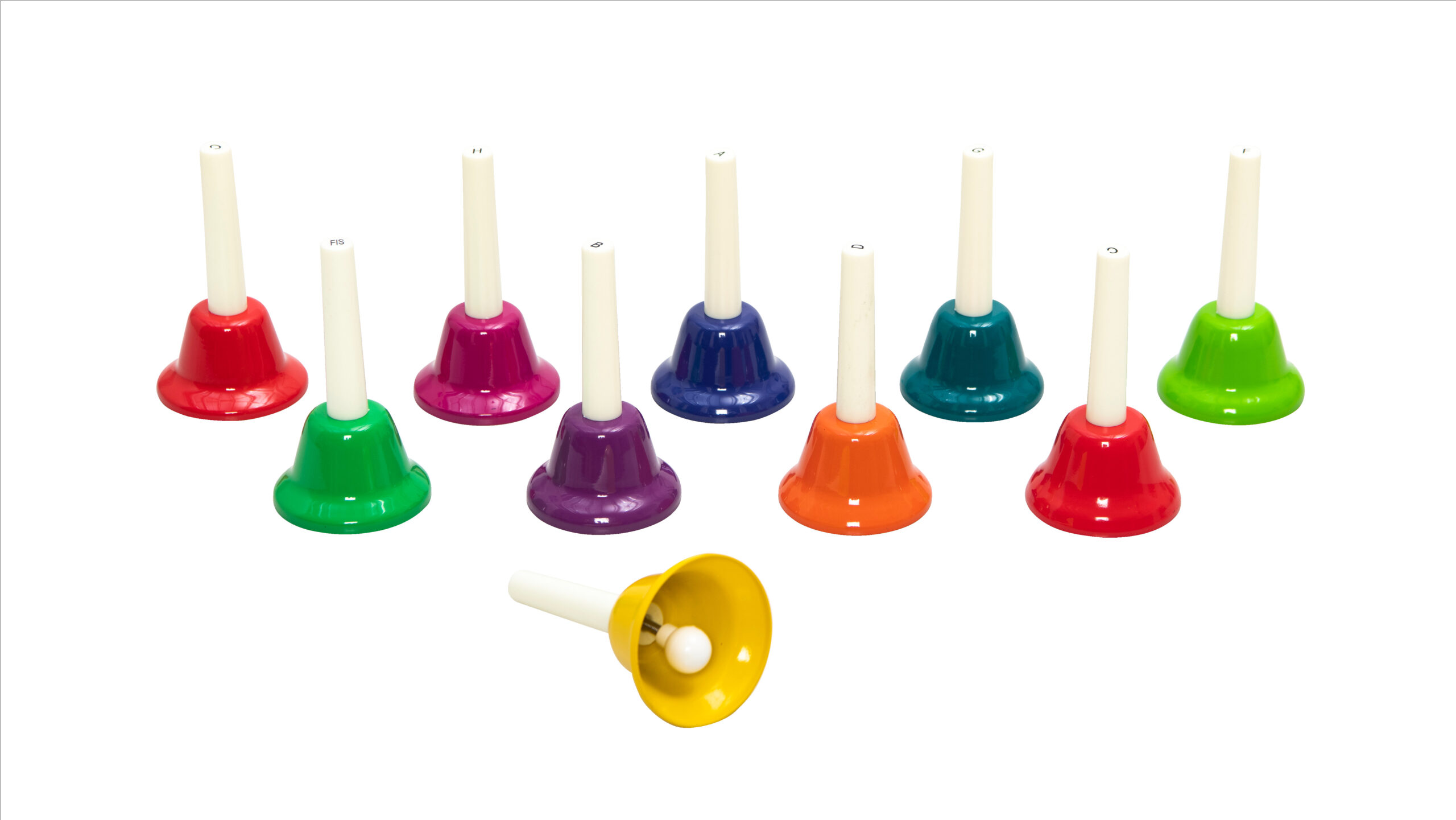 Diatonische handbellen set met tien kleurrijke bellen en witte handvatten, inclusief een gele bel.