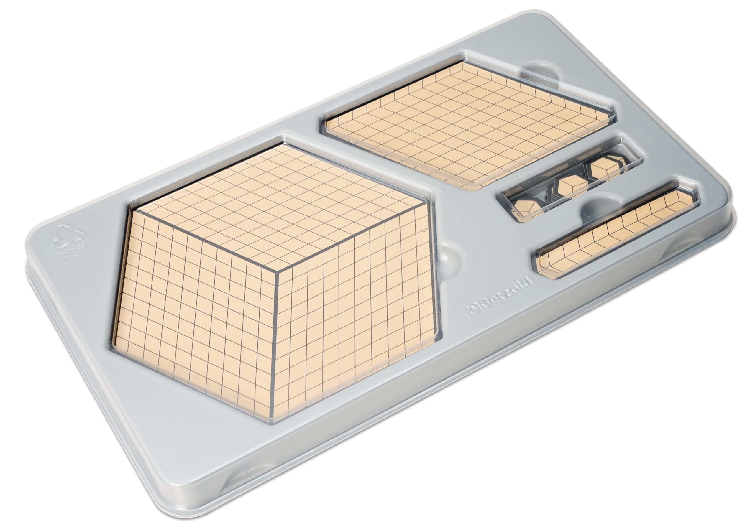 Basis Tien Set met magnetische vormen in een metalen doos, inclusief diverse geometrische figuren en een rasterpatroon.