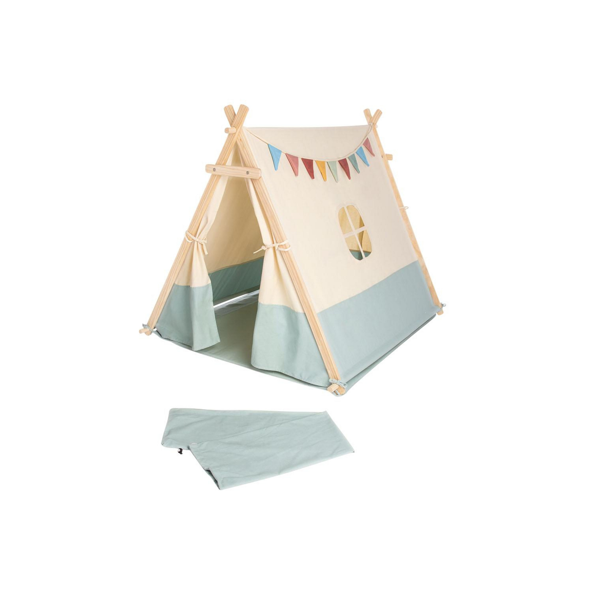 Tipi Tent Noah met ramen en vlaggetjes, gemaakt van stevig materiaal, ideaal voor rollenspellen en creatief spelen.
