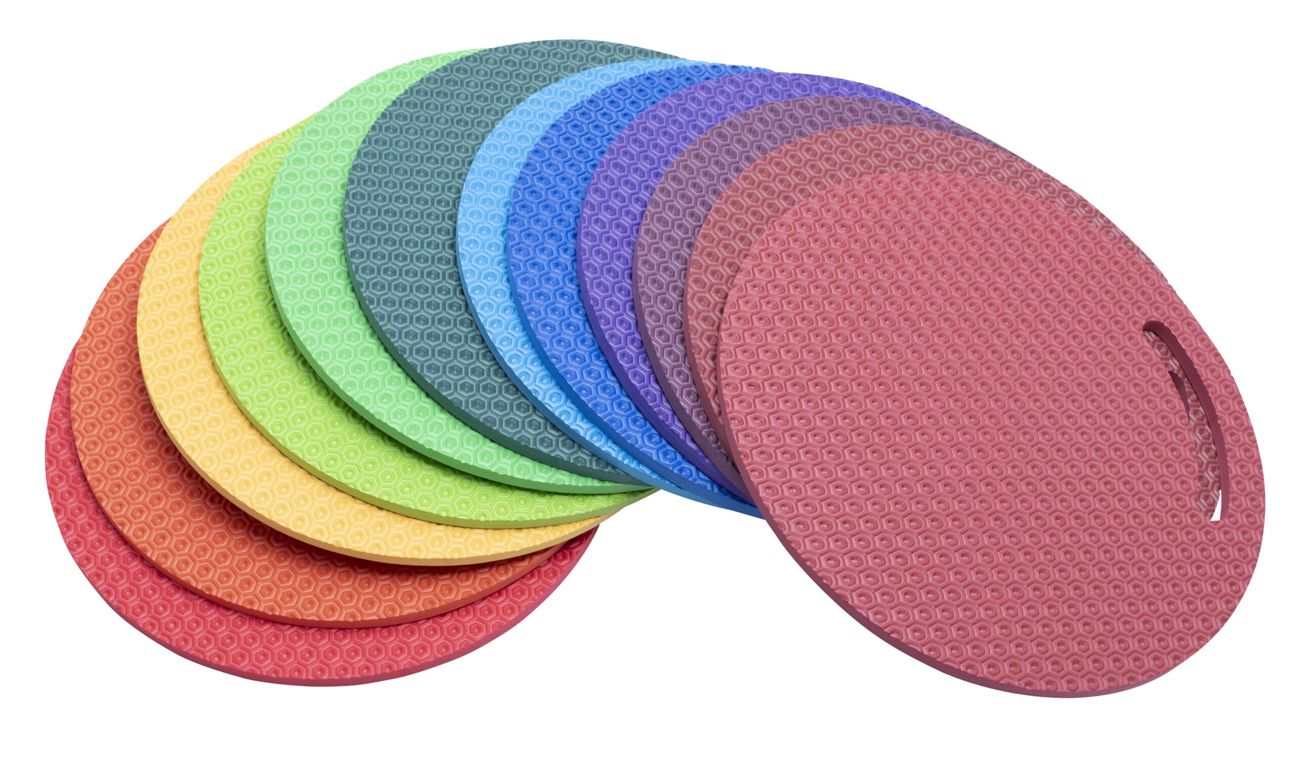 Set van 12 kleurrijke zitkussens in regenboogkleuren, met een textuurpatroon en een handige uitsparing.