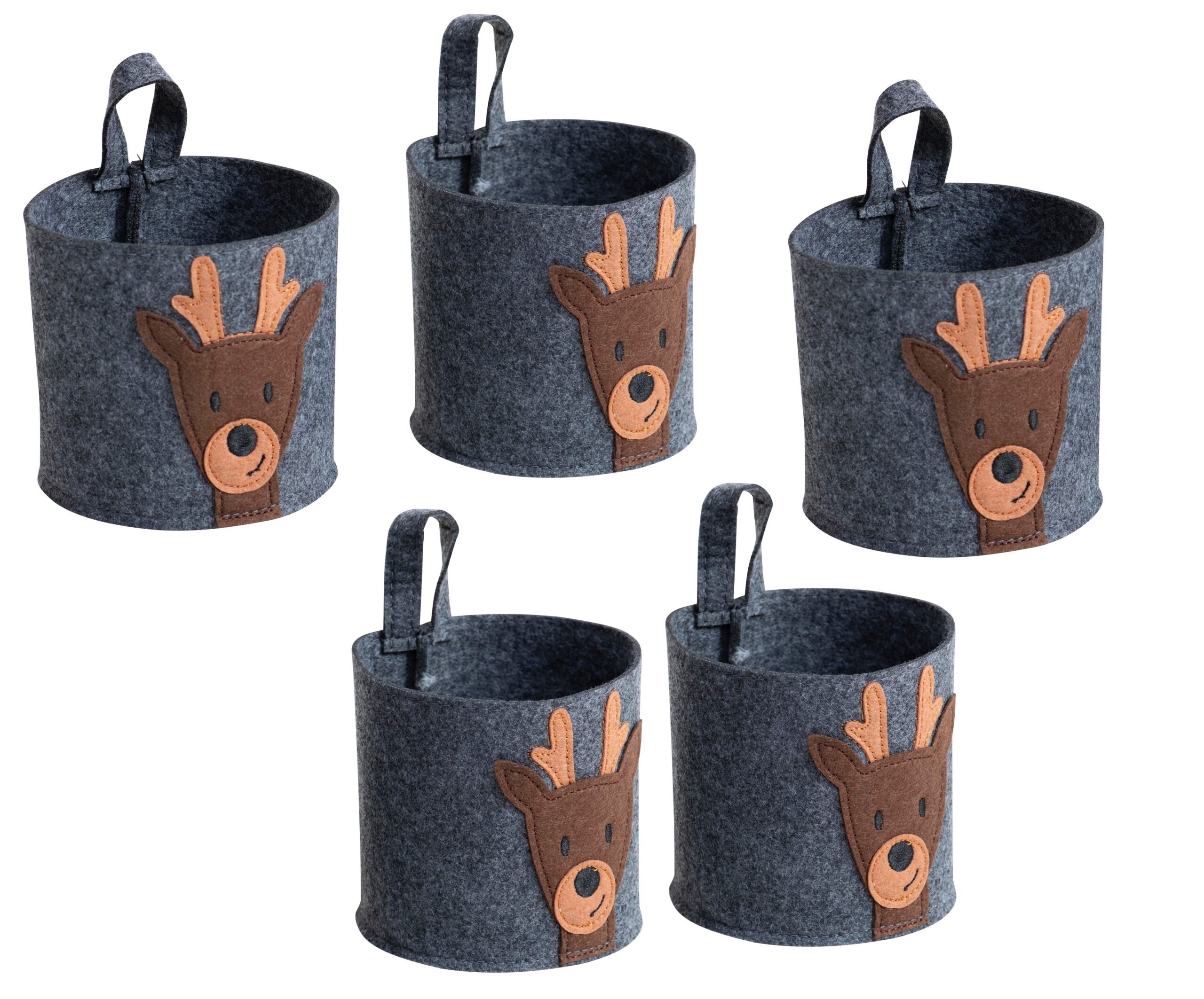 Vijf grijze vilt manden met een schattig rendierdesign en handvatten, ideaal voor creatief gebruik.