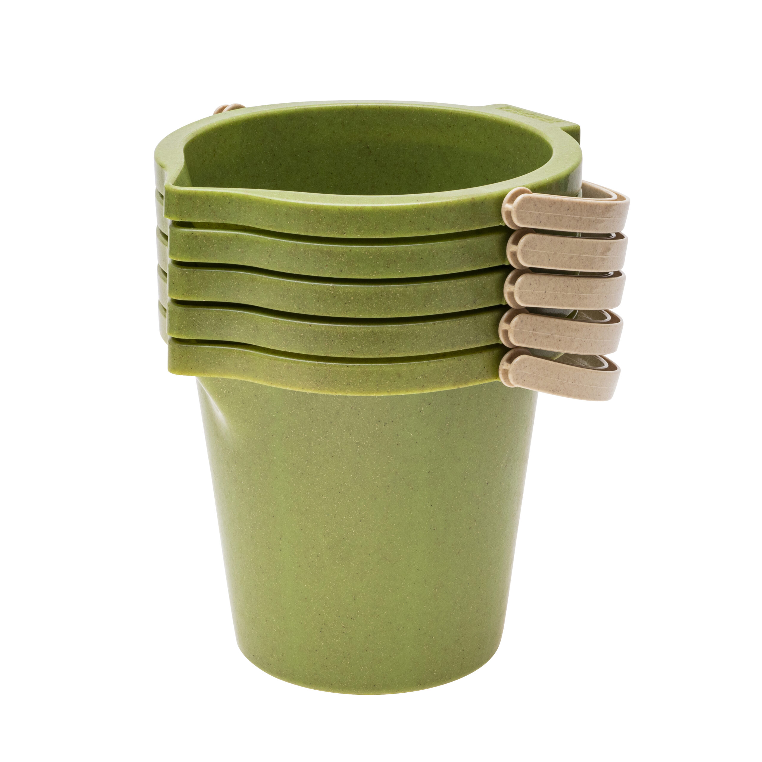 Groene Zandspeelemmer set van 5 stuks, stapelbaar met beige handvatten, ideaal voor zand- en wateractiviteiten.