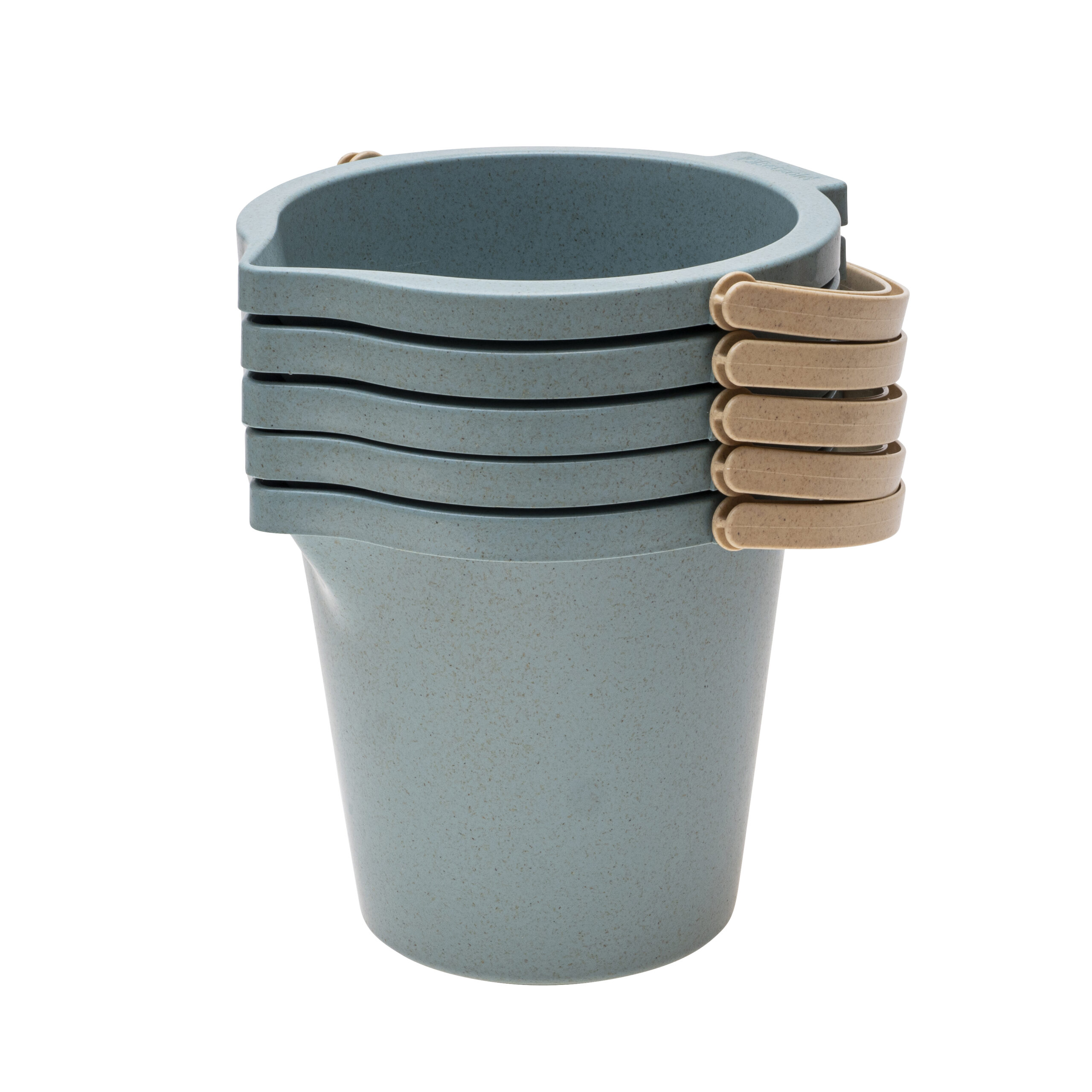 Turkooise Zandspeelemmer set van 5 stuks met beige handgrepen, ideaal voor zand- en waterplezier.
