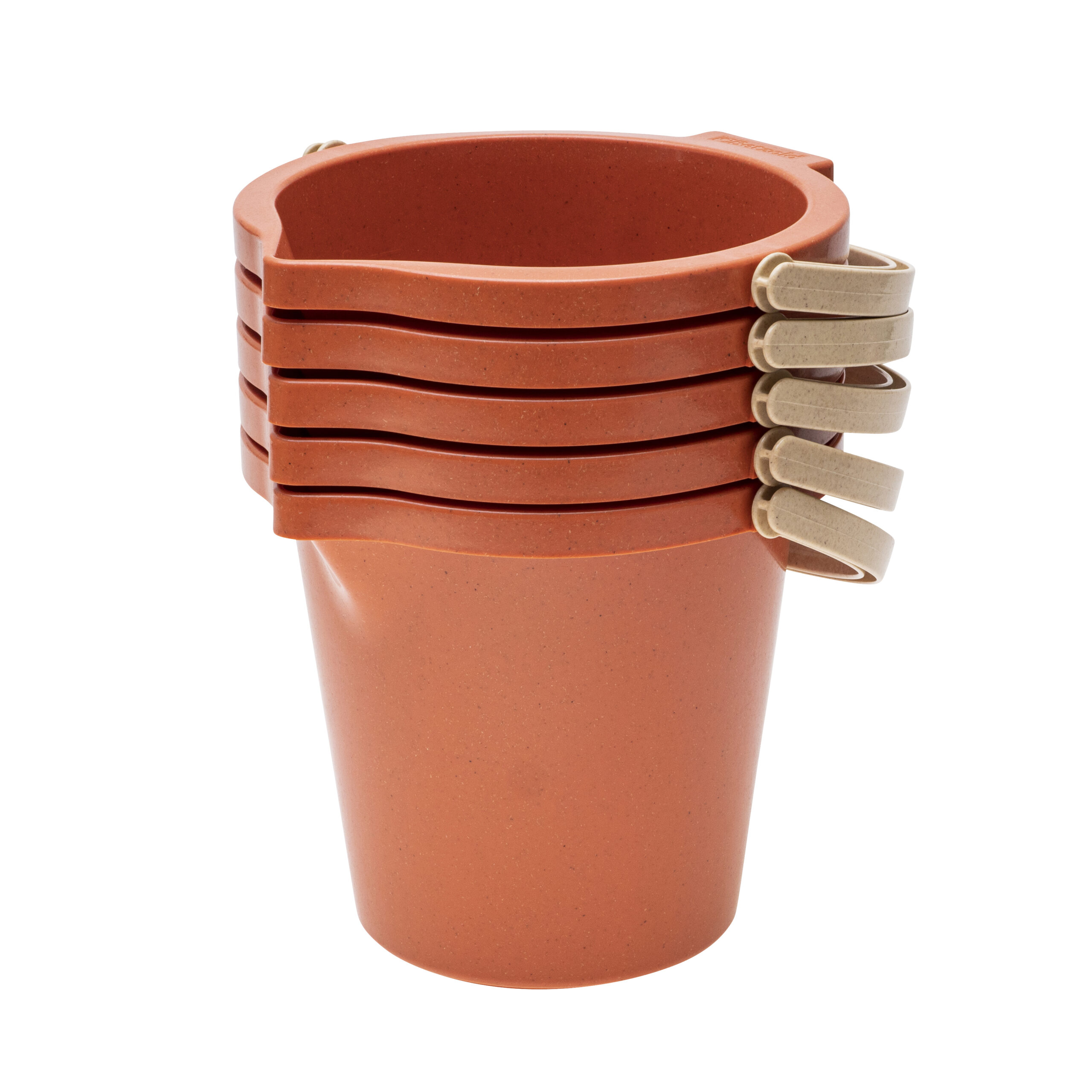 Zandspeelemmer set van 5 stuks in koraal, stapelbaar met beige handvatten, ideaal voor zand en water.