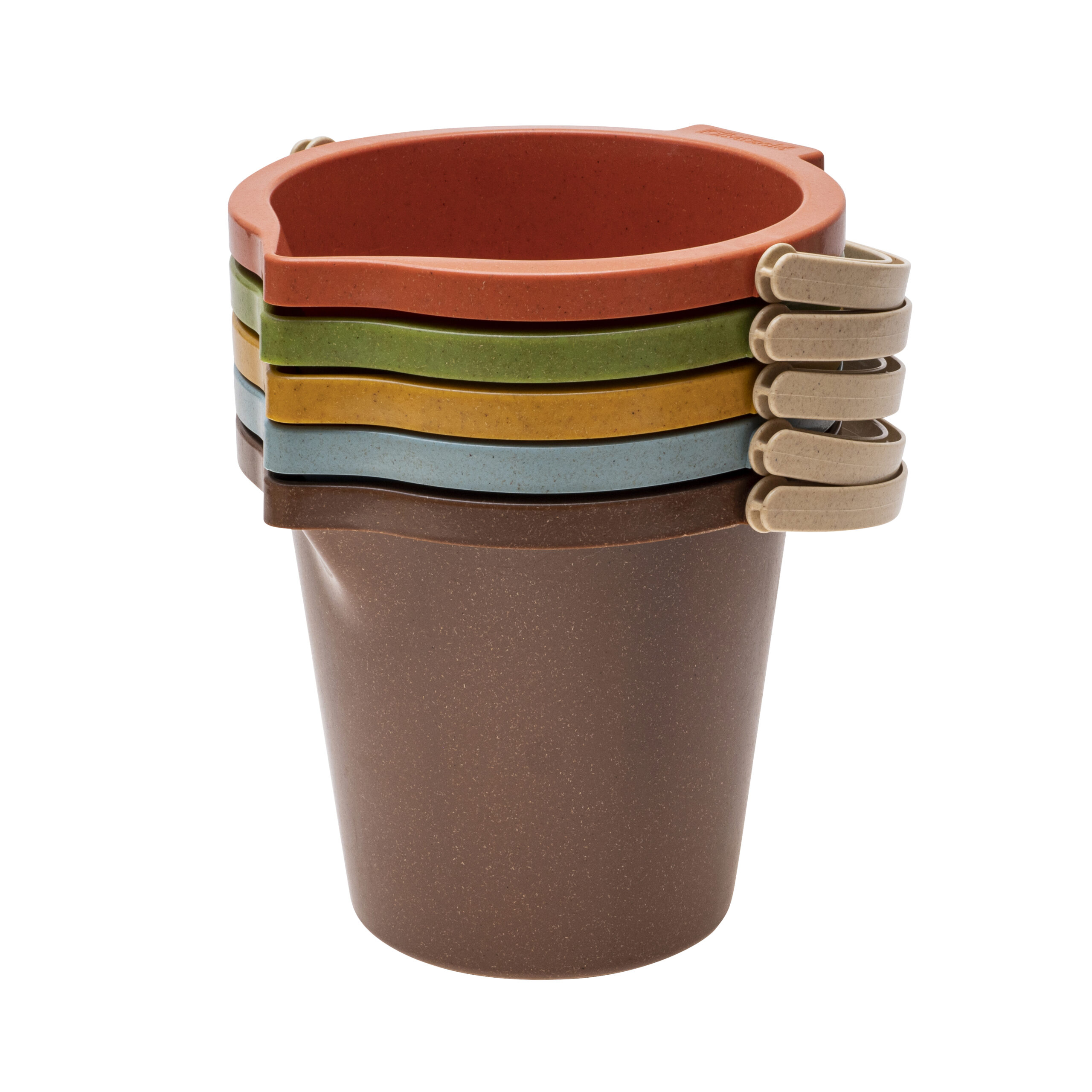 Kleurrijke Zandspeelemmer set van 5 stuks, met verschillende kleuren en handvatten, ideaal voor zand- en waterplezier.