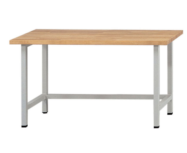 Werkbank A, individuele werkplek met houten blad en metalen onderstel, diepte 80 cm, geschikt voor diverse werkzaamheden.