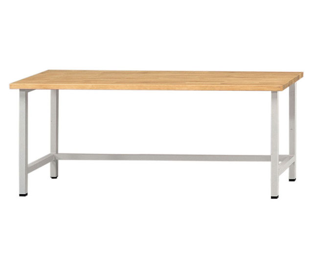 Dubbele werkplek met een houten blad en metalen frame, diepte 80 cm, geschikt voor diverse werkzaamheden.