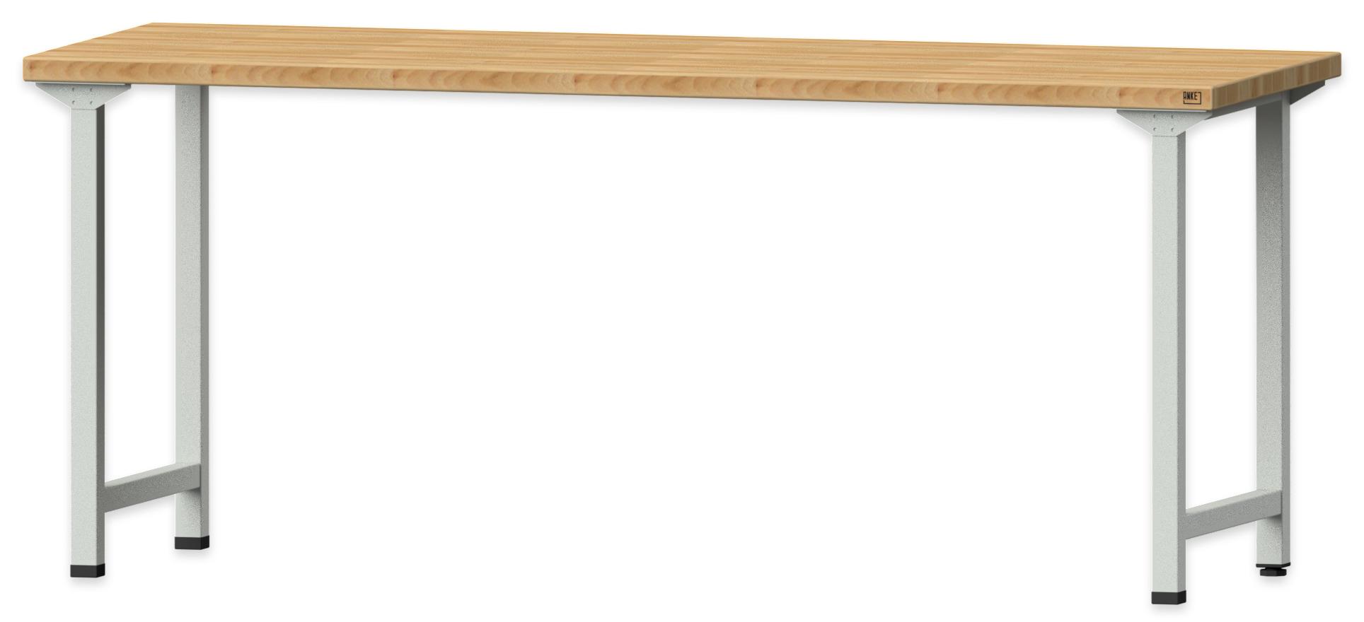 Dubbele werkplek met een houten werkblad en metalen poten, diepte 70 cm, geschikt voor diverse werkzaamheden.