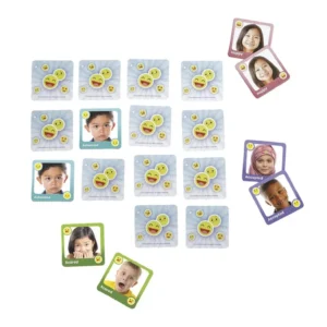 Gevoelens Memo spel met kaarten van gezichten en emoticons, ontworpen voor sociaal-emotionele ontwikkeling.