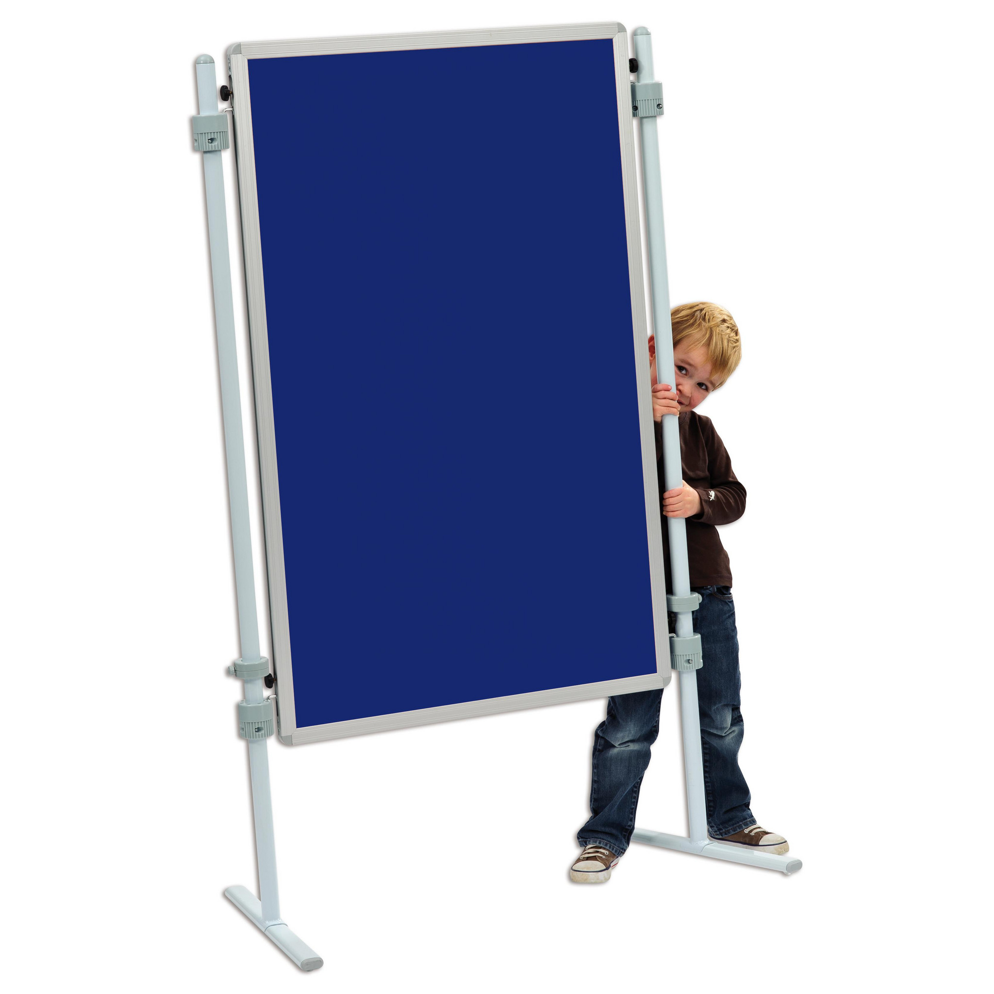 Kinder presentatie bord 75x120 cm met wit T-voet, bekleed in blauw, ideaal voor creatief gebruik en leren.
