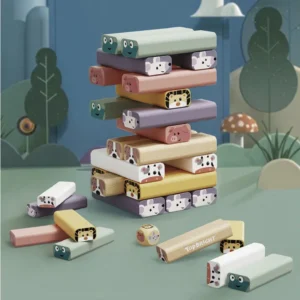 Kleurrijke blokjes in verschillende vormen, 1,5x7,5x2x5cm, gestapeld tot een wiebelige toren in een speelse omgeving.
