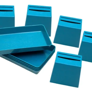 Blauwe beker quiz met zes schalen, ideaal voor reken- en taalactiviteiten.