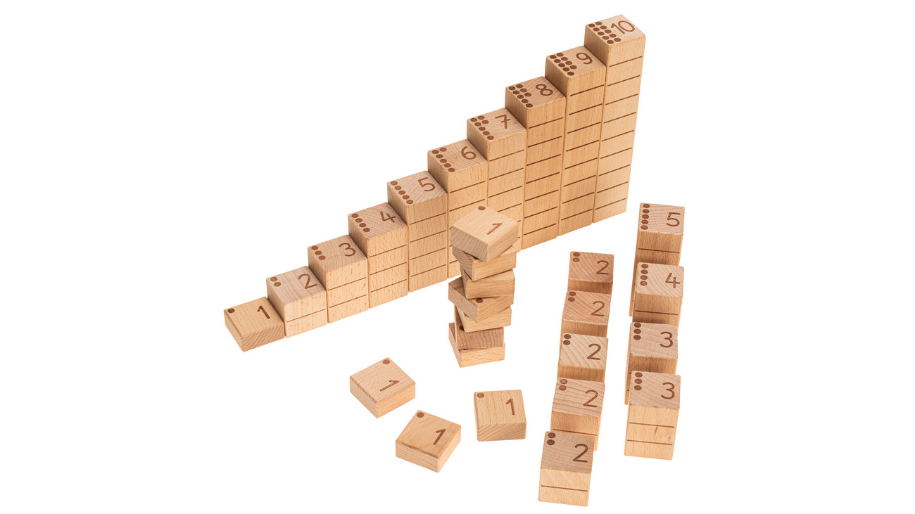 Tel- en cijferbouwstenen in verschillende lengtes met cijfers en stippen, geschikt voor leren tot 10.