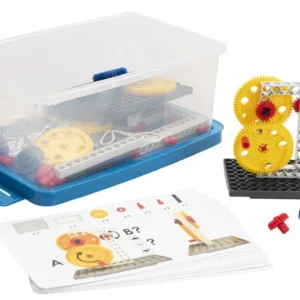 Experimenten met tandwielen set met gele en rode tandwielen, bouwplaten en instructiekaarten in een doorzichtige doos.