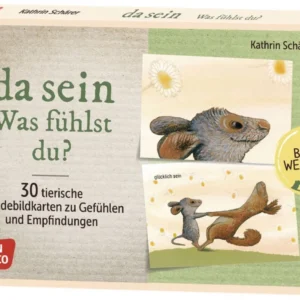 30 kaarten met dierenillustraties die gevoelens en emoties verkennen, verpakt in een kleurrijke doos.