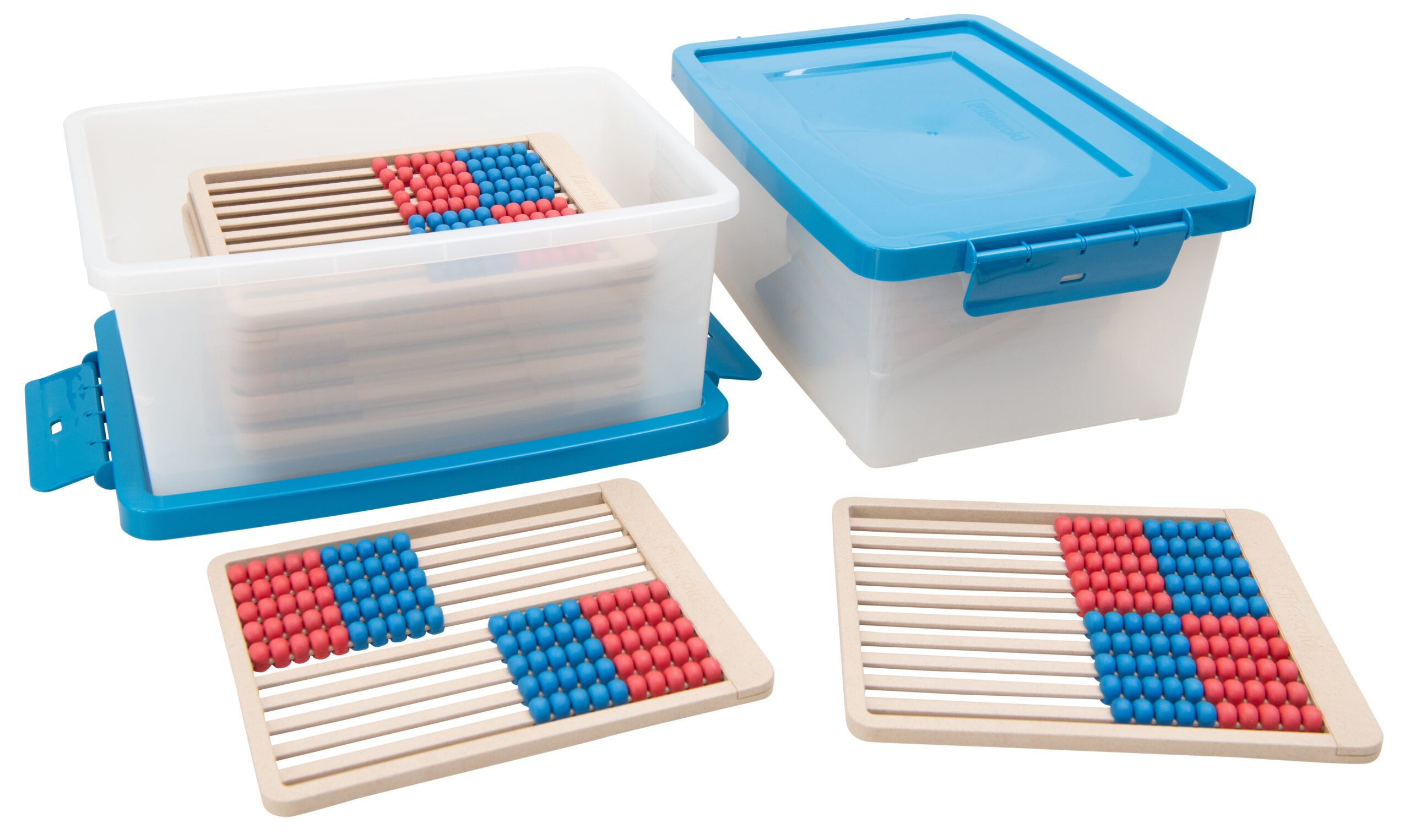 Set van 24 Telraam ZR 100 in rood en blauw, inclusief opbergdoos met transparante deksel.