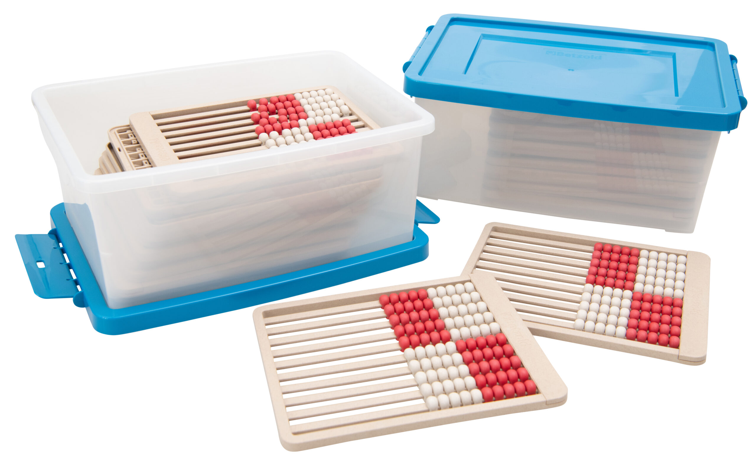 Set van 24 Telraam ZR 100 in rood/wit, inclusief transparante opbergdoos met blauwe deksel.