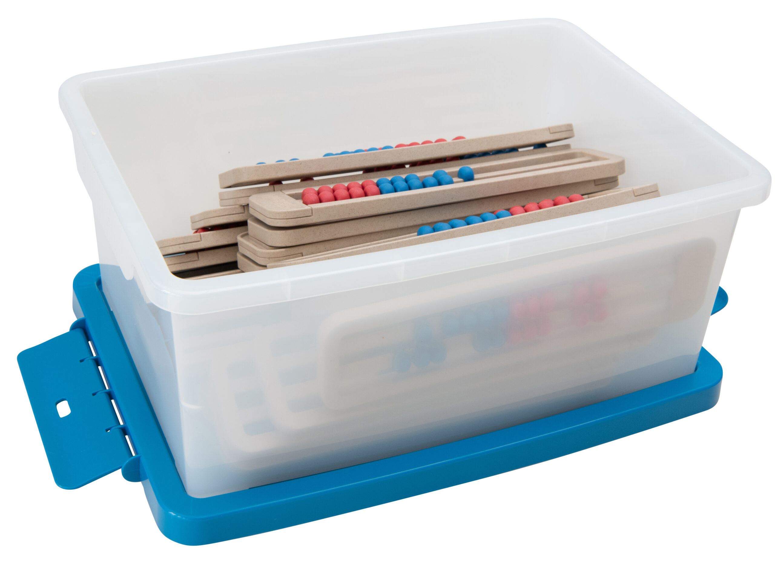 Set van 24 treeNside Telraam ZR 20 in rood en blauw, opgeslagen in een doorzichtige kunststof doos met blauwe deksel.