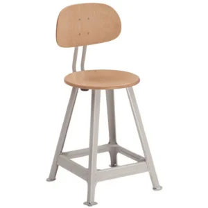 Stalen werkbankkruk met rugleuning, houten zitting van Ø 35 cm en stevige 4-poots metalen basis.