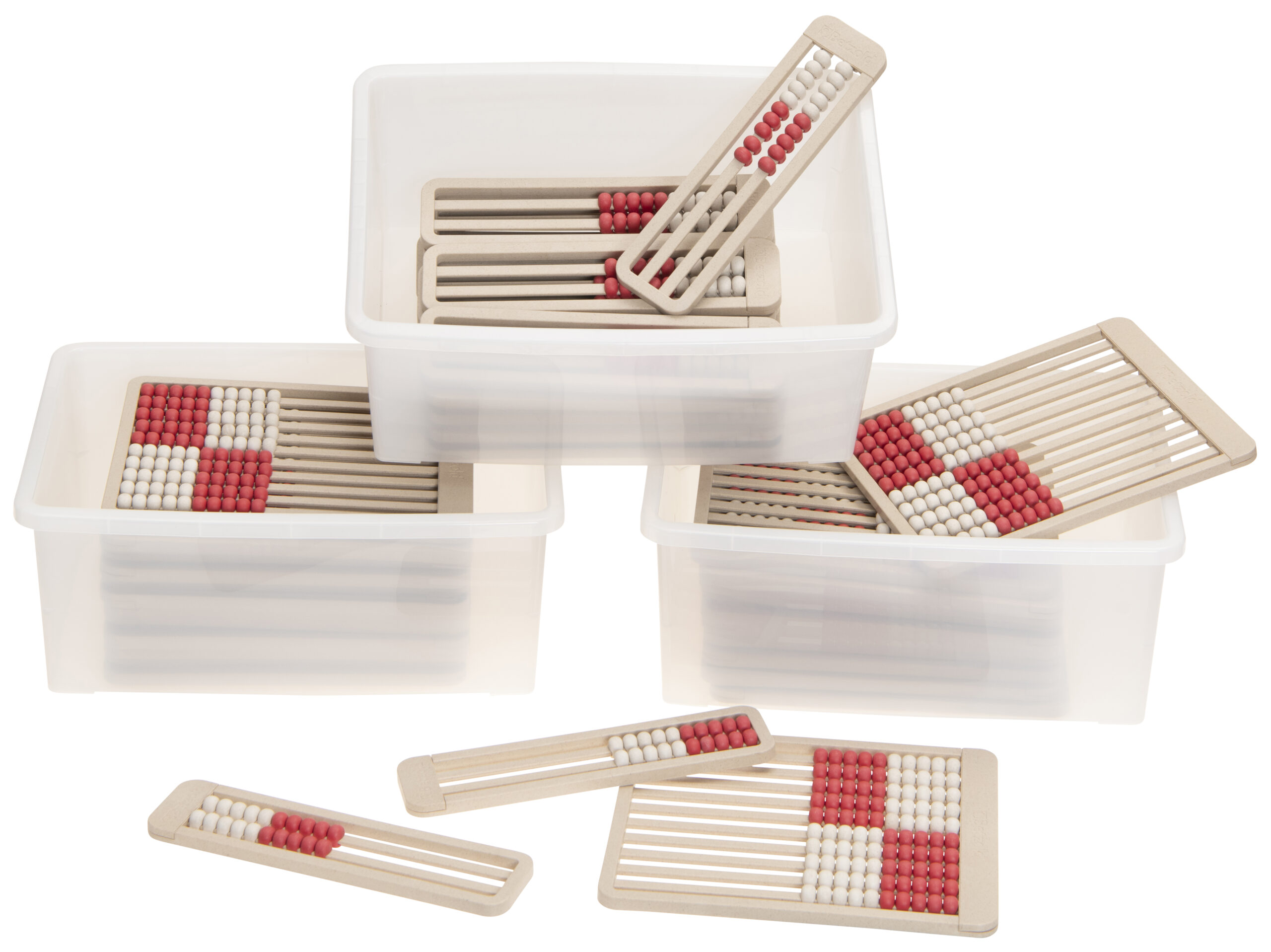 Telraam set in rood/wit, bestaande uit houten telramen in doorzichtige opbergdozen. Geschikt voor rekenspelletjes.