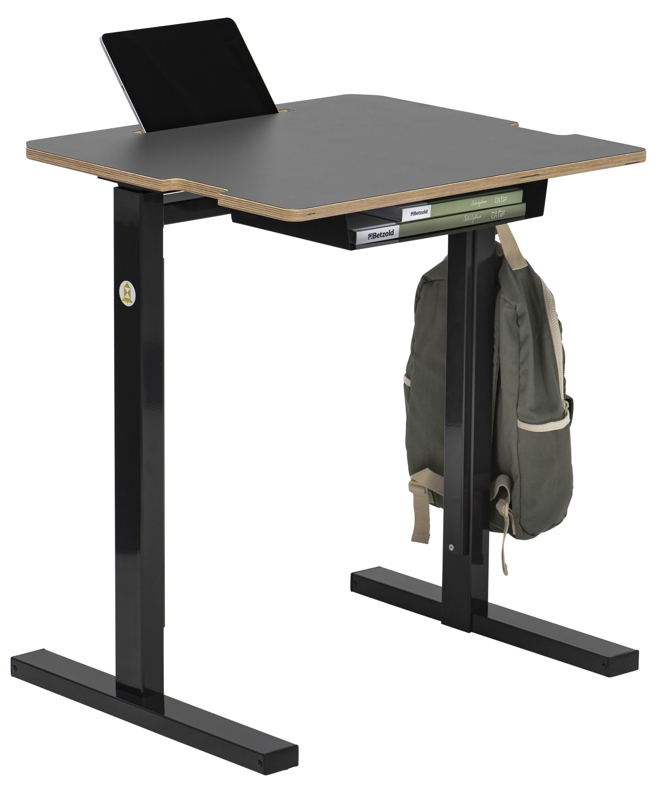 Hoogte verstelbare Ergo Leerlingtafel MAXI met zwart blad, boekenplank en rugzak aan de zijkant.