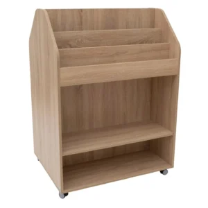 Mobiele boekenkast Trapez met 4 wieltjes, houten afwerking en open vakken voor boeken, ideaal voor kinderen.