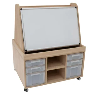 Creatieve atelierwagen met whiteboards aan beide zijden en opberglades voor kunstmaterialen, geschikt voor meerdere kinderen.