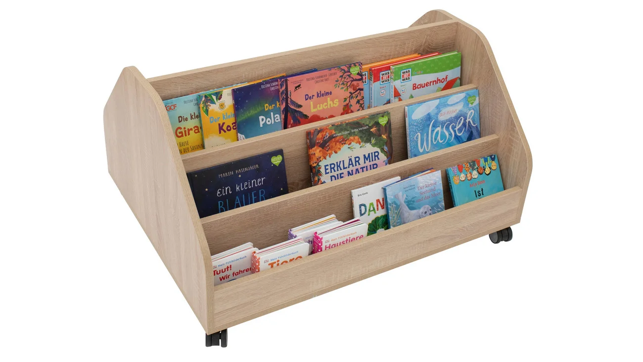 Mobiele lage boekenwagen met trapezevorm, voorzien van boeken en spelletjes, op praktische wielen voor eenvoudig verplaatsen.