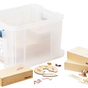 Transparante opbergdoos met houten blokken en puzzelstukken over levenscycli van dieren en planten, 9-delig educatief pakket.