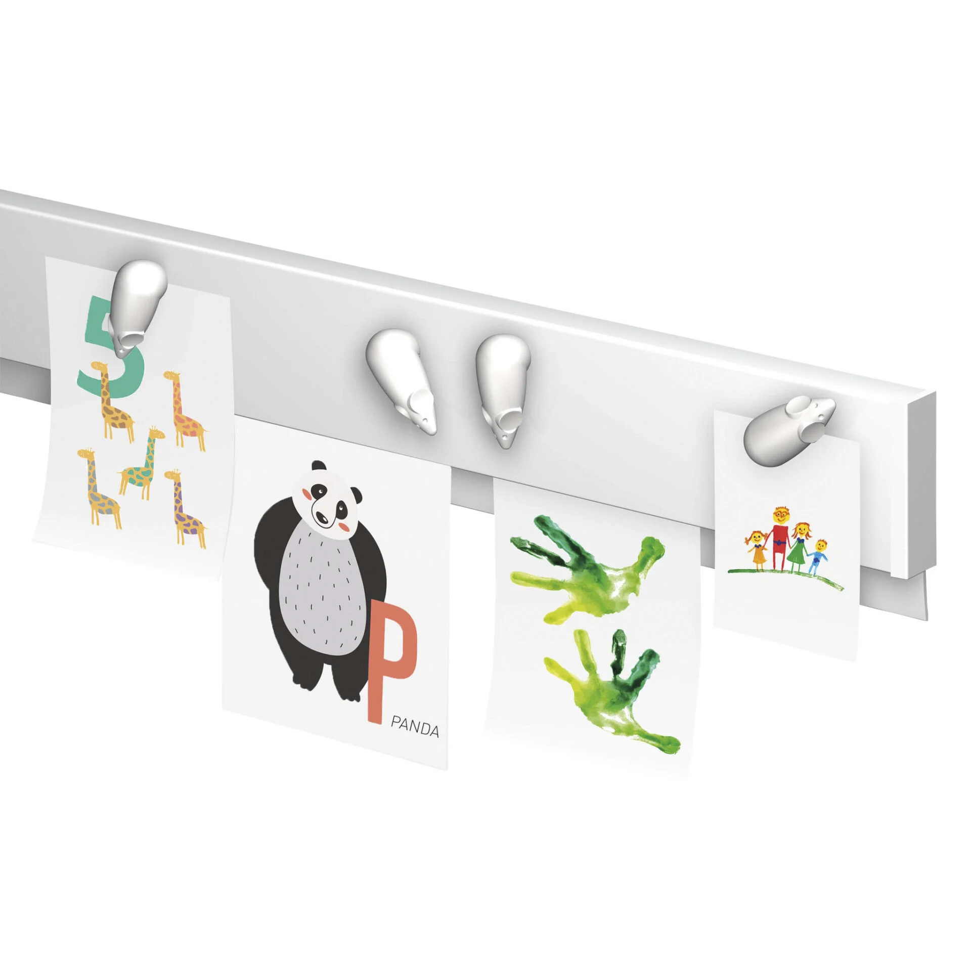 Magnetische Info-Rail wandlijst van 2m met kunstwerken en informatie, ideaal voor klaslokalen en tentoonstellingen.