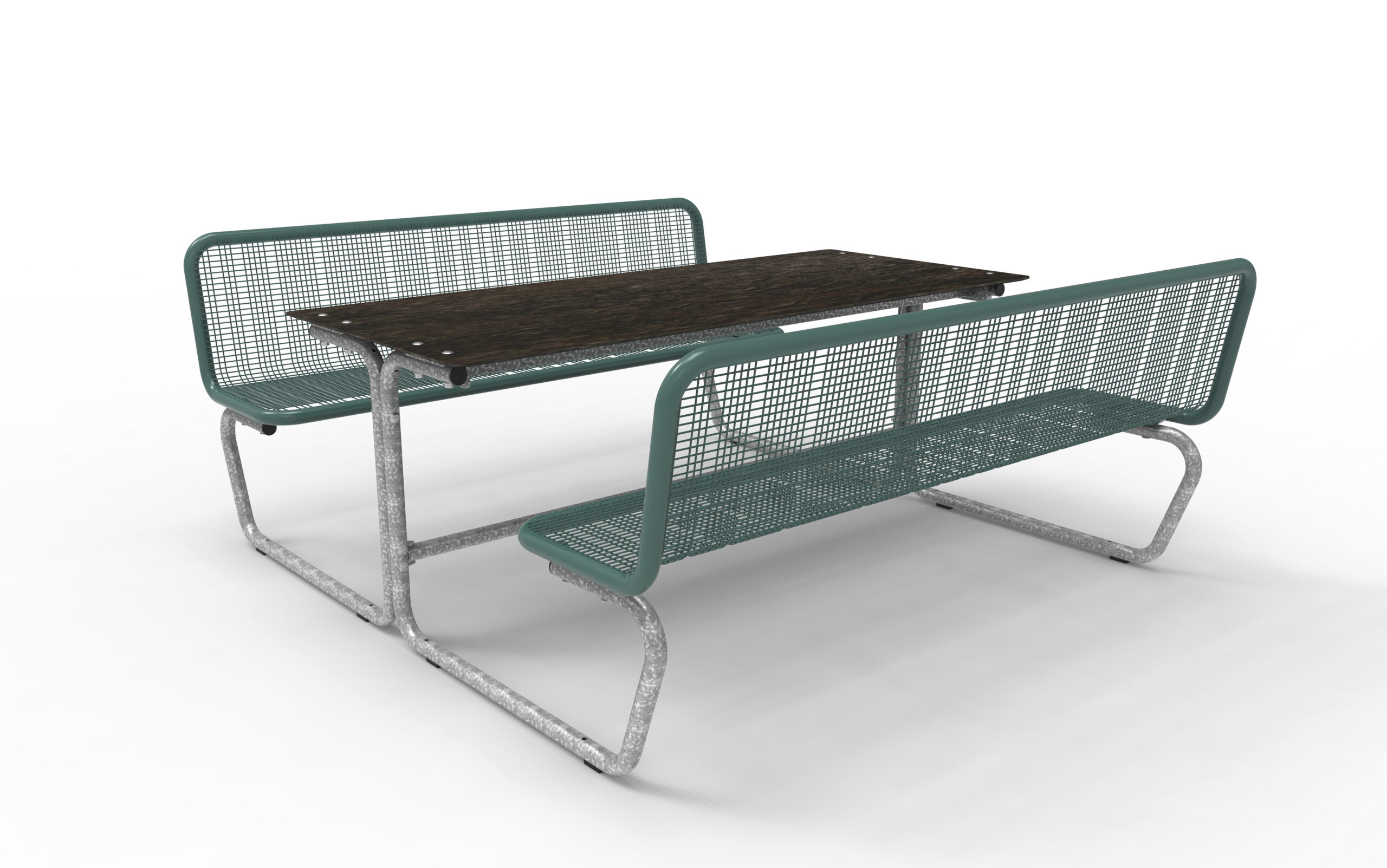 Zithoek met massief houten blad en metalen banken met gaasstructuur in turquoise en zilver.