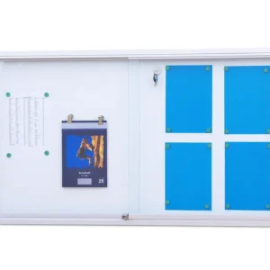 Afsluitbare info vitrine met veiligheidsglas en beschrijfbare whiteboard achterwand, inclusief clips voor documenten.