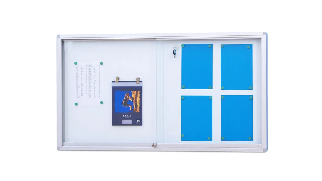 Afsluitbare info vitrine met veiligheidsglas en beschrijfbare whiteboard achterwand, inclusief clips voor documenten.