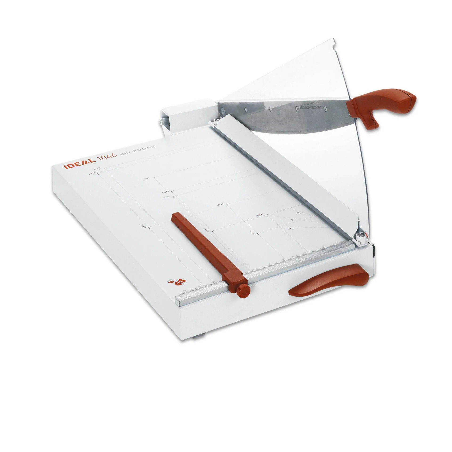 Snijmachine IDEAL 1046 met transparante snijkap en rode handgreep, geschikt voor nauwkeurig snijden van papier.