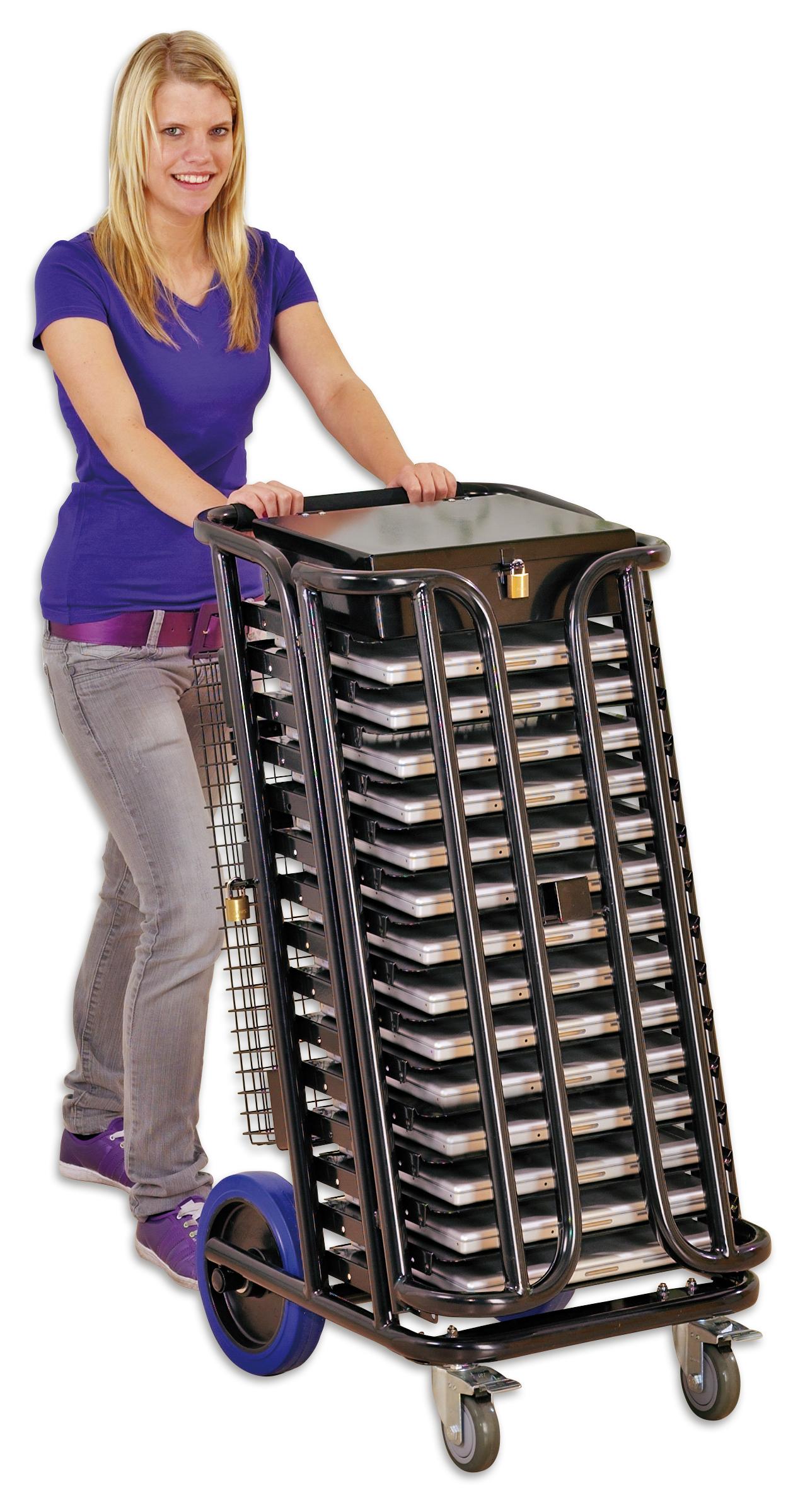 Laptop-trolley voor 14 laptops, met stevige wielen en een handvat, gemakkelijk te verplaatsen door een persoon.