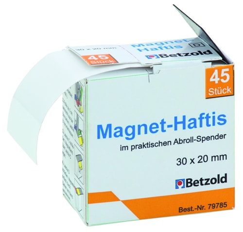 Magnetische vierkante tape in dispenserdoos, 30 x 20 mm, 45 stuks, ideaal voor klassenmanagement en bordgebruik.