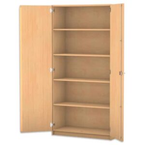 Hoge kast met open deuren en vijf verstelbare planken, ideaal voor het opbergen van boeken en materialen.