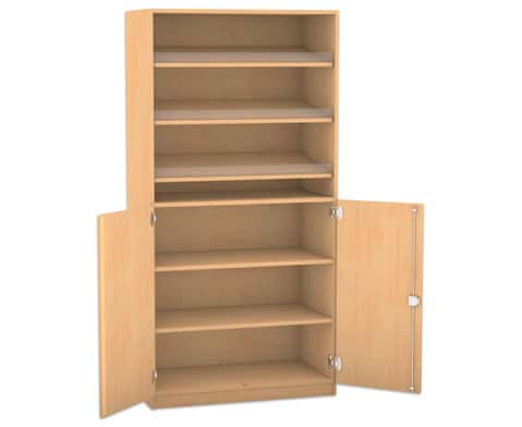 Presentatiekast half open met open schappen en gesloten delen, ideaal voor nette opslag in scholen.