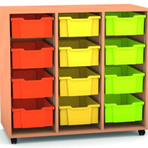Kast 3 Rijen met houten constructie, bevat 12 opbergdozen in oranje, geel en groen voor klaslokalen.