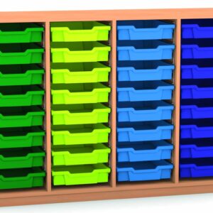 Kast 4 Rijen met groene en blauwe lades, ideaal voor opslag van materialen, boeken en speelgoed in het onderwijs.