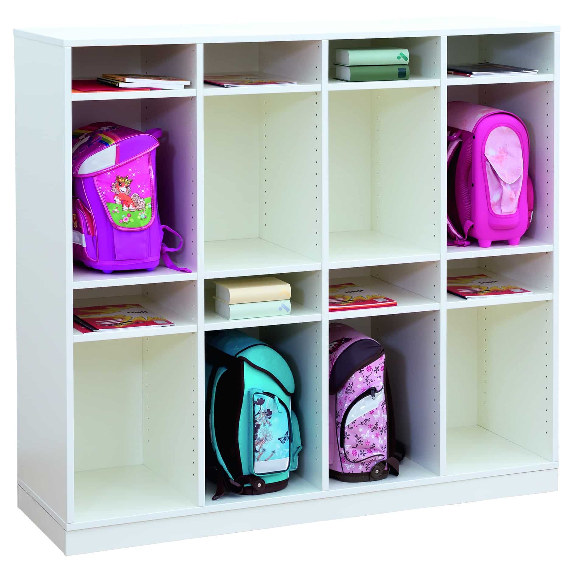 Flexeo® Garderobe Kast met 4 rijen haken en ruime vakken voor jassen, tassen en schoenen in een kleedruimte.