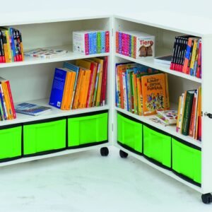 Verrijdbare Koffer Kast Flex met boeken en kleurrijke opbergdozen, ideaal voor educatieve materialen in de klas.