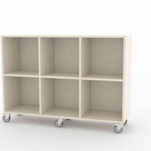 Kubus Kast met 6 ruime vakken op wielen, ideaal voor het opbergen van speelgoed en boeken in kinderopvang en onderwijs.